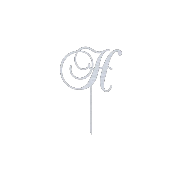 Elegant H monogram letter cake topper with a swirl script design, crafted from high-quality Aluminum. Features a Natural Aluminum finish, making it ideal for weddings, birthdays, and anniversaries. Measures 7.0 inches wide by 8.0 inches high, ensuring it stands out on any cake.